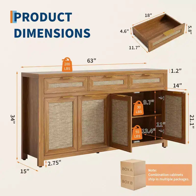 Credenza/Mobile Buffet da Cucina Profondo 160 cm con Pannelli in Rattan, 3 Cassetti, 4 Ante, Ripiani Regolabili - Organizer per Sala da Pranzo, Cucina, Ingresso