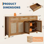 Credenza/Mobile Buffet da Cucina Profondo 160 cm con Pannelli in Rattan, 3 Cassetti, 4 Ante, Ripiani Regolabili - Organizer per Sala da Pranzo, Cucina, Ingresso
