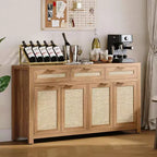 Credenza/Mobile Buffet da Cucina Profondo 160 cm con Pannelli in Rattan, 3 Cassetti, 4 Ante, Ripiani Regolabili - Organizer per Sala da Pranzo, Cucina, Ingresso