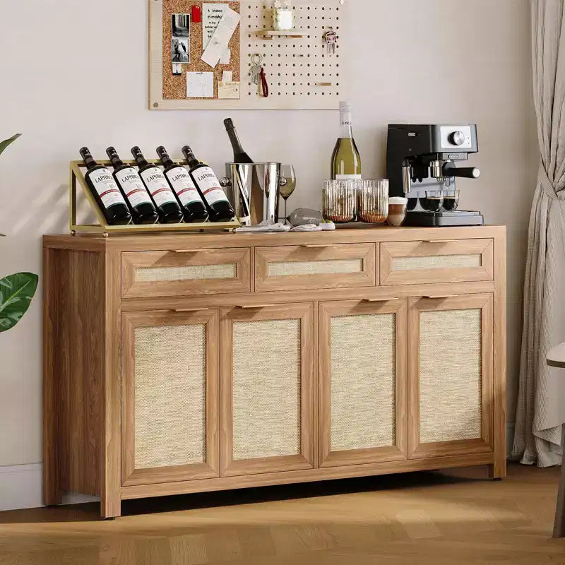 Credenza/Mobile Buffet da Cucina Profondo 160 cm con Pannelli in Rattan, 3 Cassetti, 4 Ante, Ripiani Regolabili - Organizer per Sala da Pranzo, Cucina, Ingresso