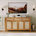 Credenza/Mobile Buffet da Cucina Profondo 160 cm con Pannelli in Rattan, 3 Cassetti, 4 Ante, Ripiani Regolabili - Organizer per Sala da Pranzo, Cucina, Ingresso