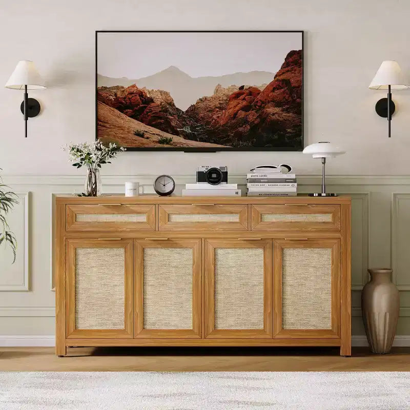 Credenza/Mobile Buffet da Cucina Profondo 160 cm con Pannelli in Rattan, 3 Cassetti, 4 Ante, Ripiani Regolabili - Organizer per Sala da Pranzo, Cucina, Ingresso