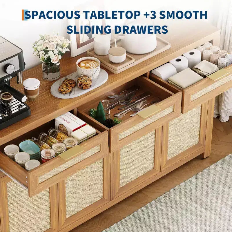 Credenza/Mobile Buffet da Cucina Profondo 160 cm con Pannelli in Rattan, 3 Cassetti, 4 Ante, Ripiani Regolabili - Organizer per Sala da Pranzo, Cucina, Ingresso