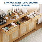 Credenza/Mobile Buffet da Cucina Profondo 160 cm con Pannelli in Rattan, 3 Cassetti, 4 Ante, Ripiani Regolabili - Organizer per Sala da Pranzo, Cucina, Ingresso