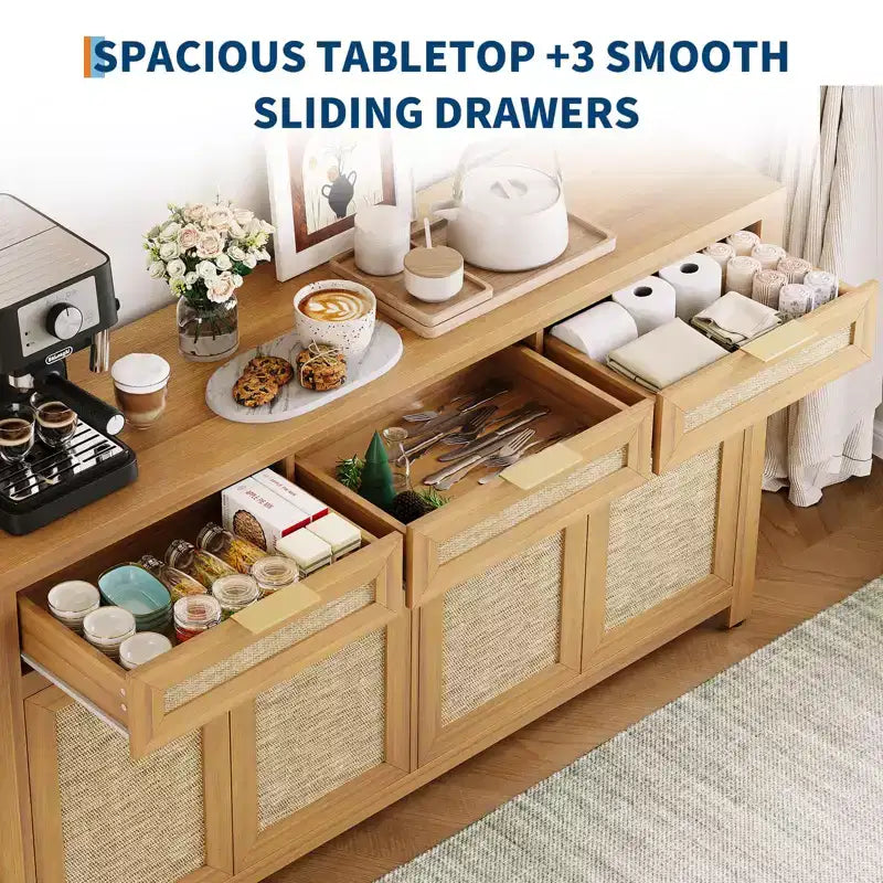 Credenza/Mobile Buffet da Cucina Profondo 160 cm con Pannelli in Rattan, 3 Cassetti, 4 Ante, Ripiani Regolabili - Organizer per Sala da Pranzo, Cucina, Ingresso