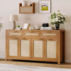 63in Deep Farmhouse Buffet Sideboard Cabinet with Rattan Panels, 3 Drawers, 4 Doors, Adjustable Shelves - Dining Room, Kitchen, Entryway Organizer