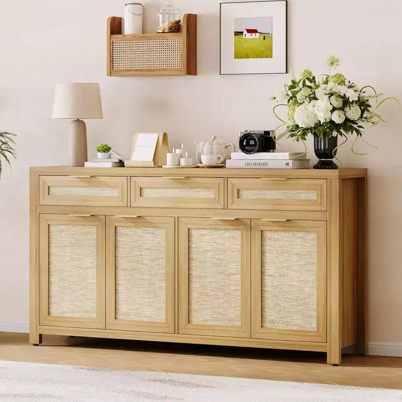 Credenza/Mobile Buffet da Cucina Profondo 160 cm con Pannelli in Rattan, 3 Cassetti, 4 Ante, Ripiani Regolabili - Organizer per Sala da Pranzo, Cucina, Ingresso