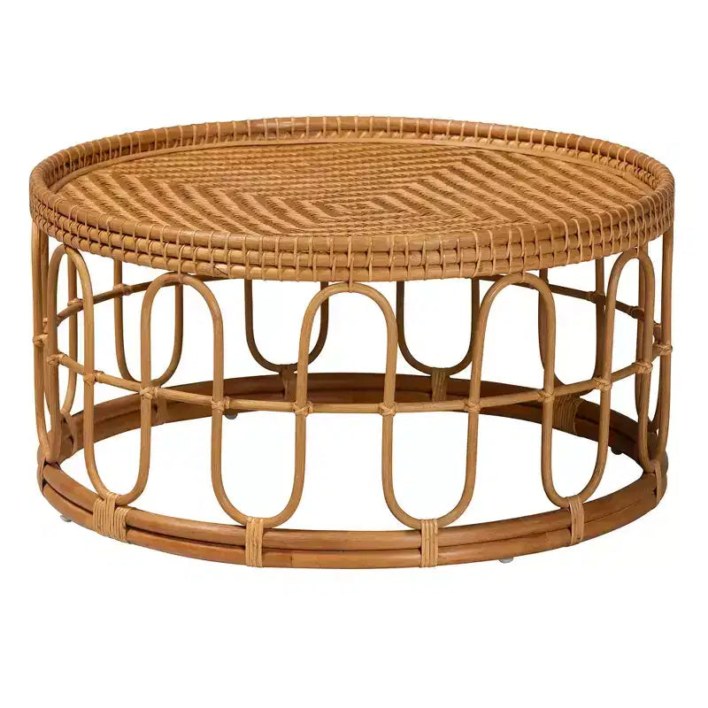 Tavolino da Caffè Phoenix Moderno Bohemien in Rattan Color Miele Chiaro