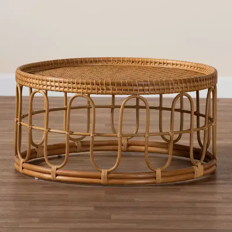 Tavolino da Caffè Phoenix Moderno Bohemien in Rattan Color Miele Chiaro